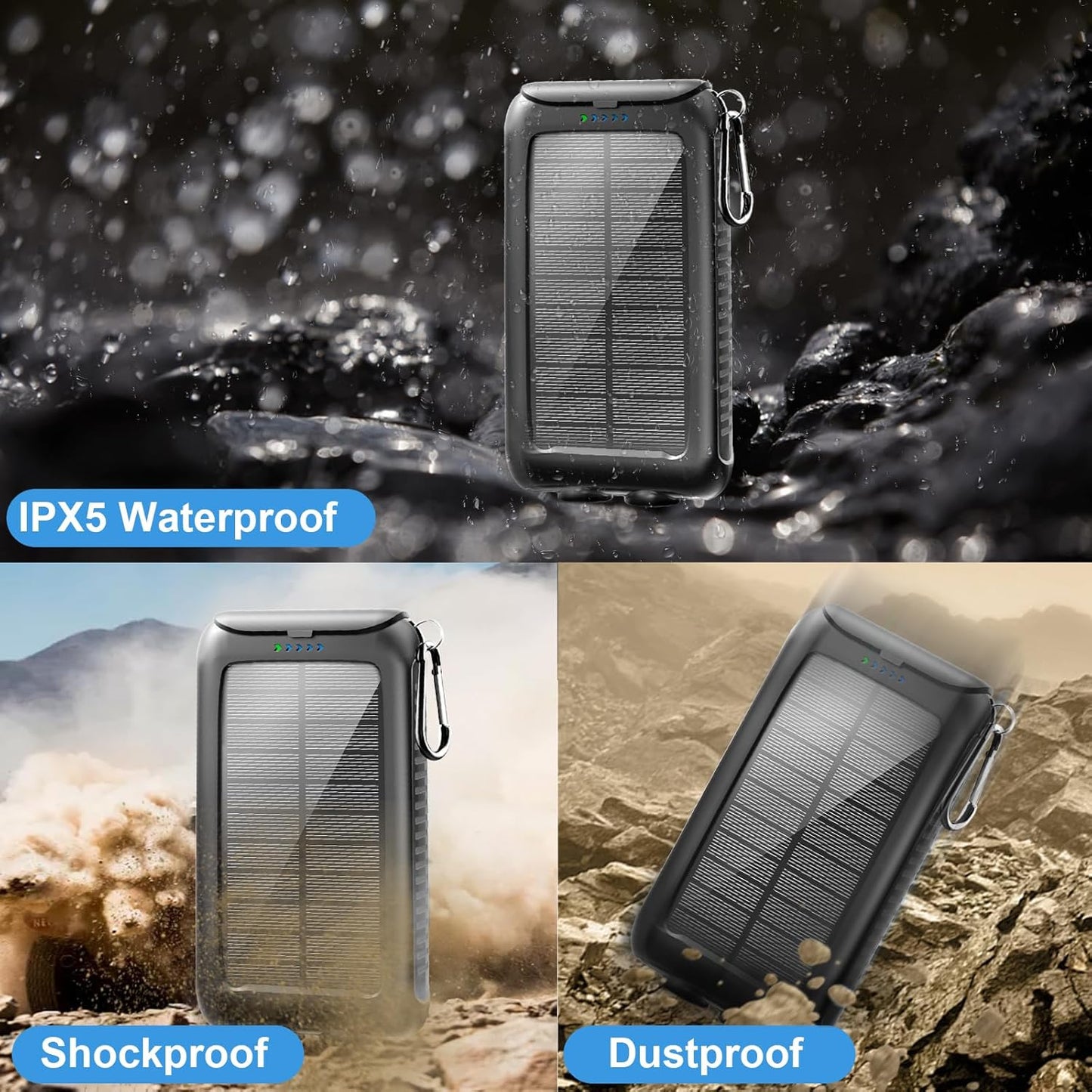 Solar-Charger-Power-Bank-49800Mah Portable Solar Phone Charger with LED Flashlight/15W Fast Charge USB C Waterproof External Backup Battery Pack for All Cell Phones & Electronic Devices