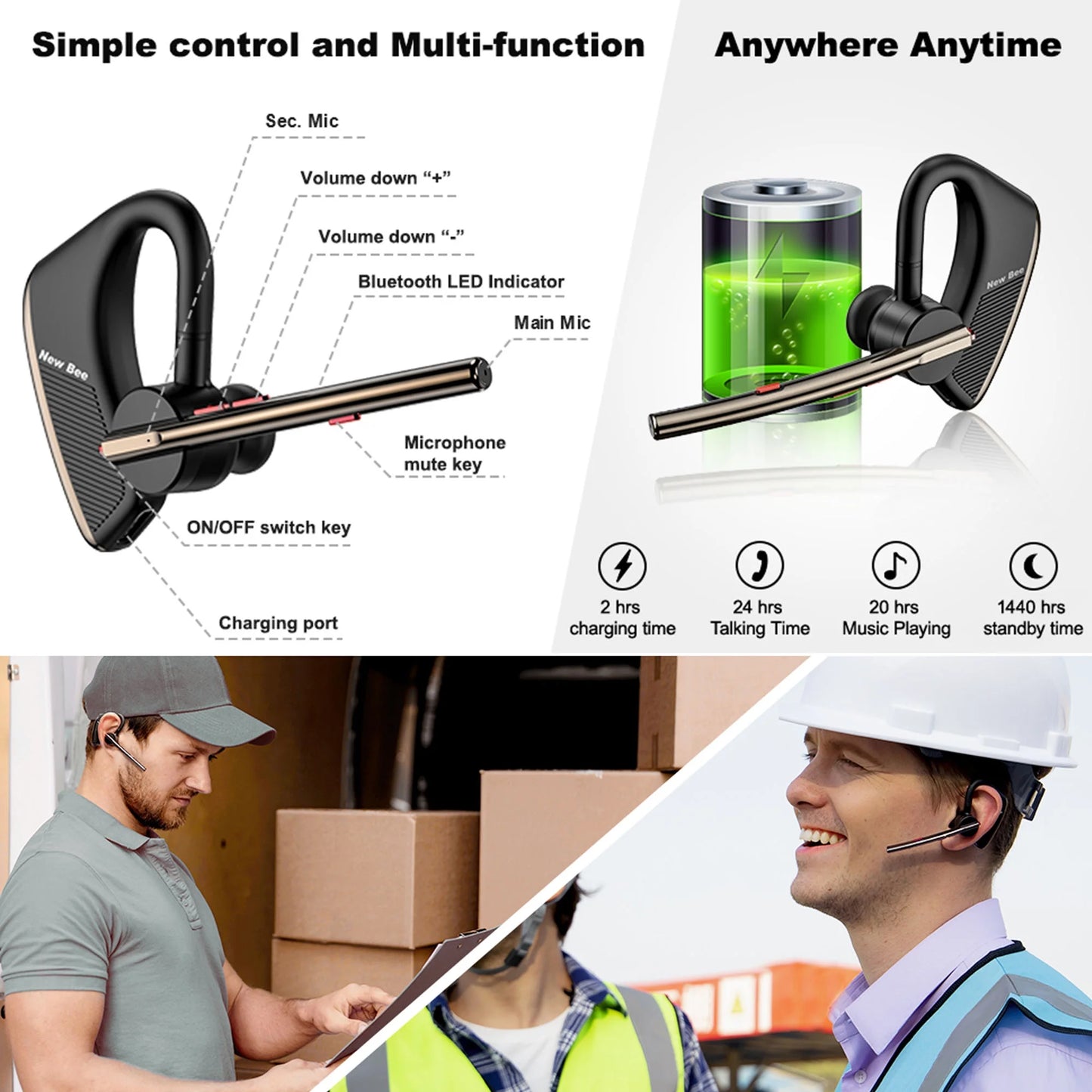 (2 Pack) Bluetooth Headset M50 Wireless Noise Cancelling Earpiece for Cell Phone