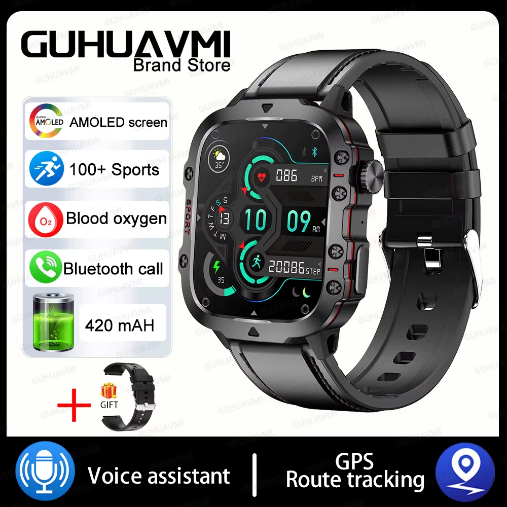 For Xiaomi Military GPS Tracker Smart Watch Men IP68 5ATM Outdoor Sports Fitness Tracker Health Monitor 1.96" BT Call Smartwatch 3Atm Waterproof, Black-Leather