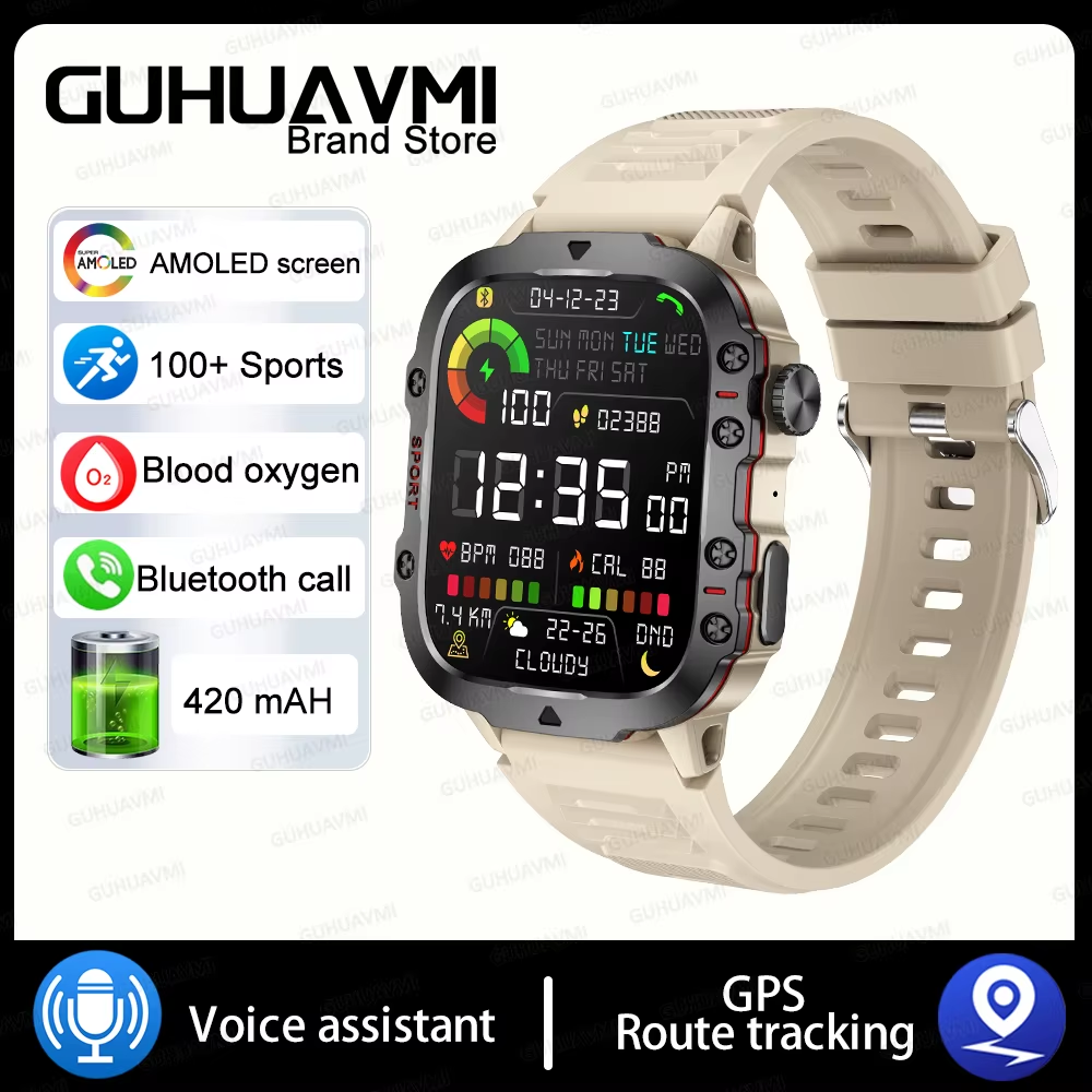 For Xiaomi Military GPS Tracker Smart Watch Men IP68 5ATM Outdoor Sports Fitness Tracker Health Monitor 1.96" BT Call Smartwatch 3Atm Waterproof, Grey