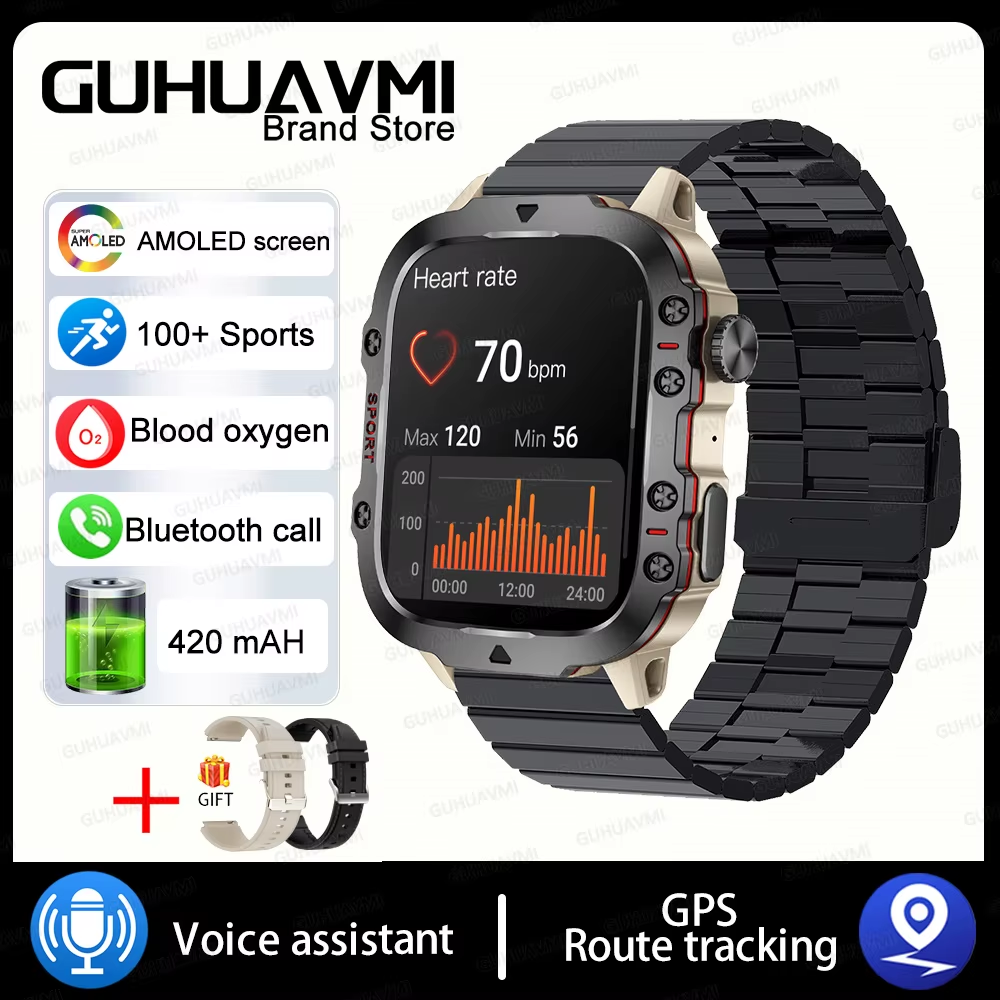 For Xiaomi Military GPS Tracker Smart Watch Men IP68 5ATM Outdoor Sports Fitness Tracker Health Monitor 1.96" BT Call Smartwatch 3Atm Waterproof, Grey-Steel-B-2A