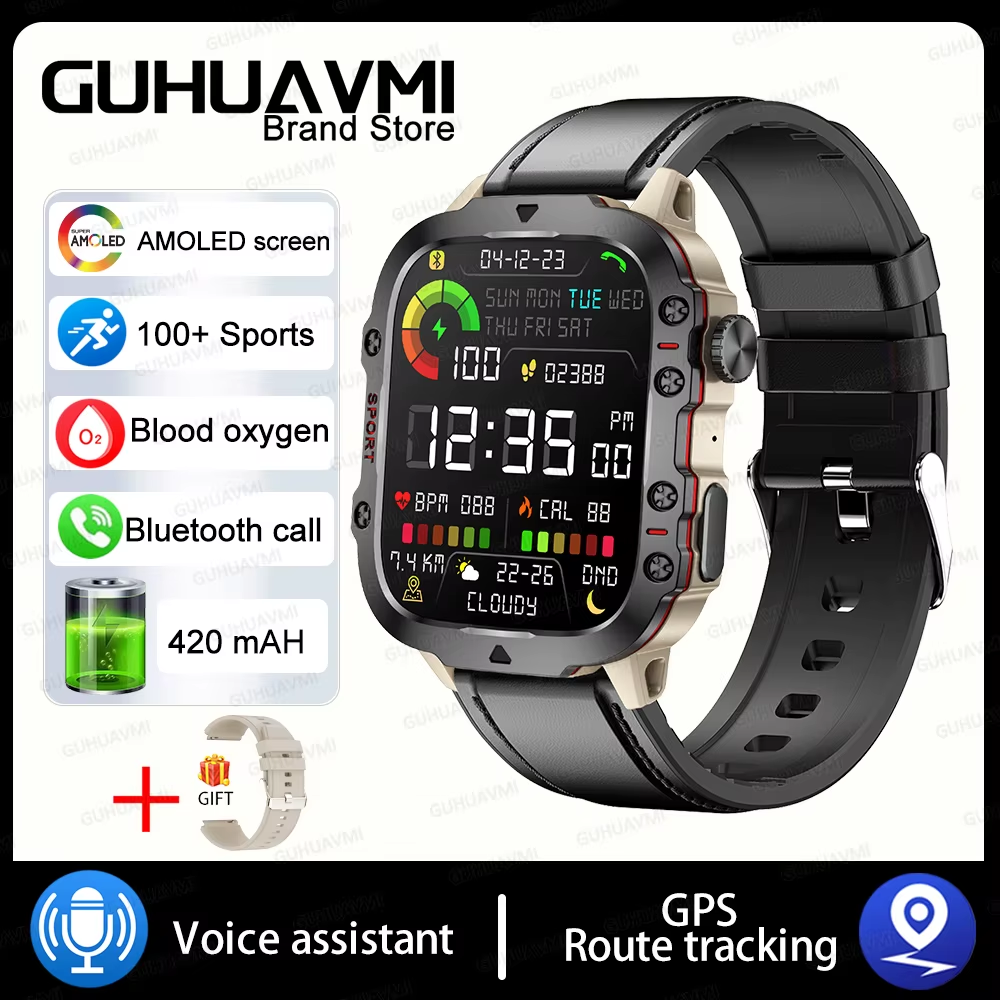 For Xiaomi Military GPS Tracker Smart Watch Men IP68 5ATM Outdoor Sports Fitness Tracker Health Monitor 1.96" BT Call Smartwatch 3Atm Waterproof, Grey-Leather