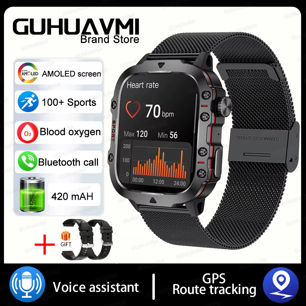 For Xiaomi Military GPS Tracker Smart Watch Men IP68 5ATM Outdoor Sports Fitness Tracker Health Monitor 1.96" BT Call Smartwatch 3Atm Waterproof, Black-Mesh-Belt-2A