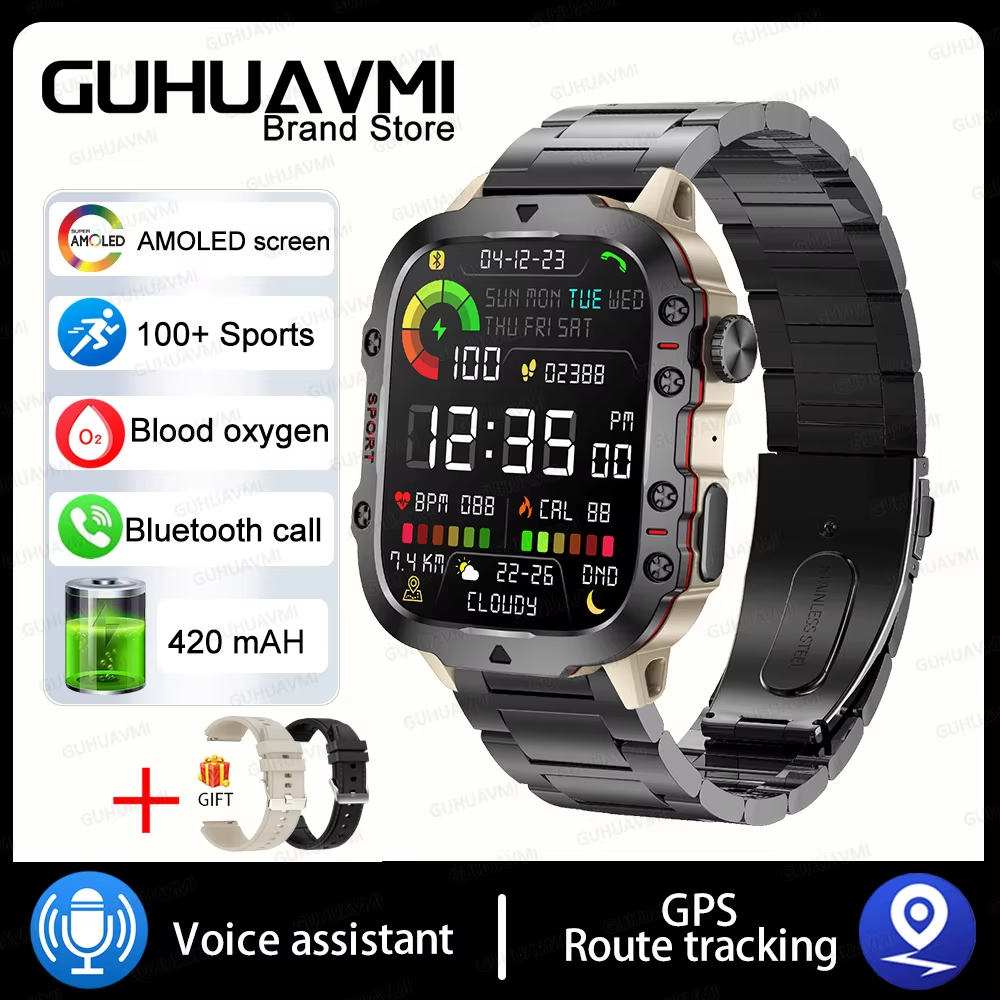 For Xiaomi Military GPS Tracker Smart Watch Men IP68 5ATM Outdoor Sports Fitness Tracker Health Monitor 1.96" BT Call Smartwatch 3Atm Waterproof, Grey-Steel-2A