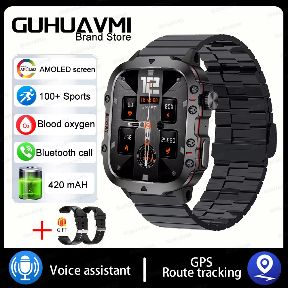 For Xiaomi Military GPS Tracker Smart Watch Men IP68 5ATM Outdoor Sports Fitness Tracker Health Monitor 1.96" BT Call Smartwatch 3Atm Waterproof, Black-Steel-B-2A