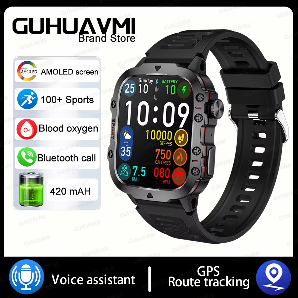 For Xiaomi Military GPS Tracker Smart Watch Men IP68 5ATM Outdoor Sports Fitness Tracker Health Monitor 1.96" BT Call Smartwatch 3Atm Waterproof, Black