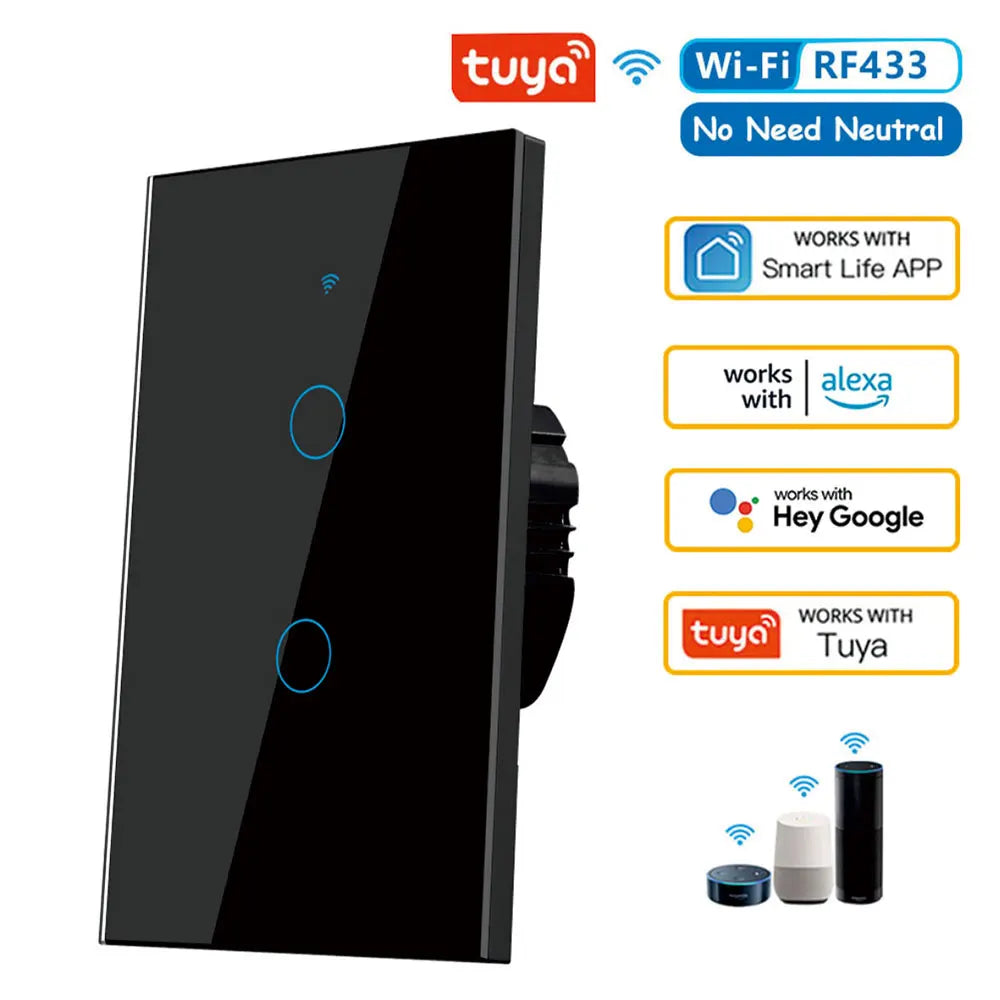 Tuya US WiFi Smart Wall Switch RF433 1/2/3/4 Gang No Neutral Wire Touch Sensor LED Light Switches Smart Home Alexa Google Home Black 2 Gang