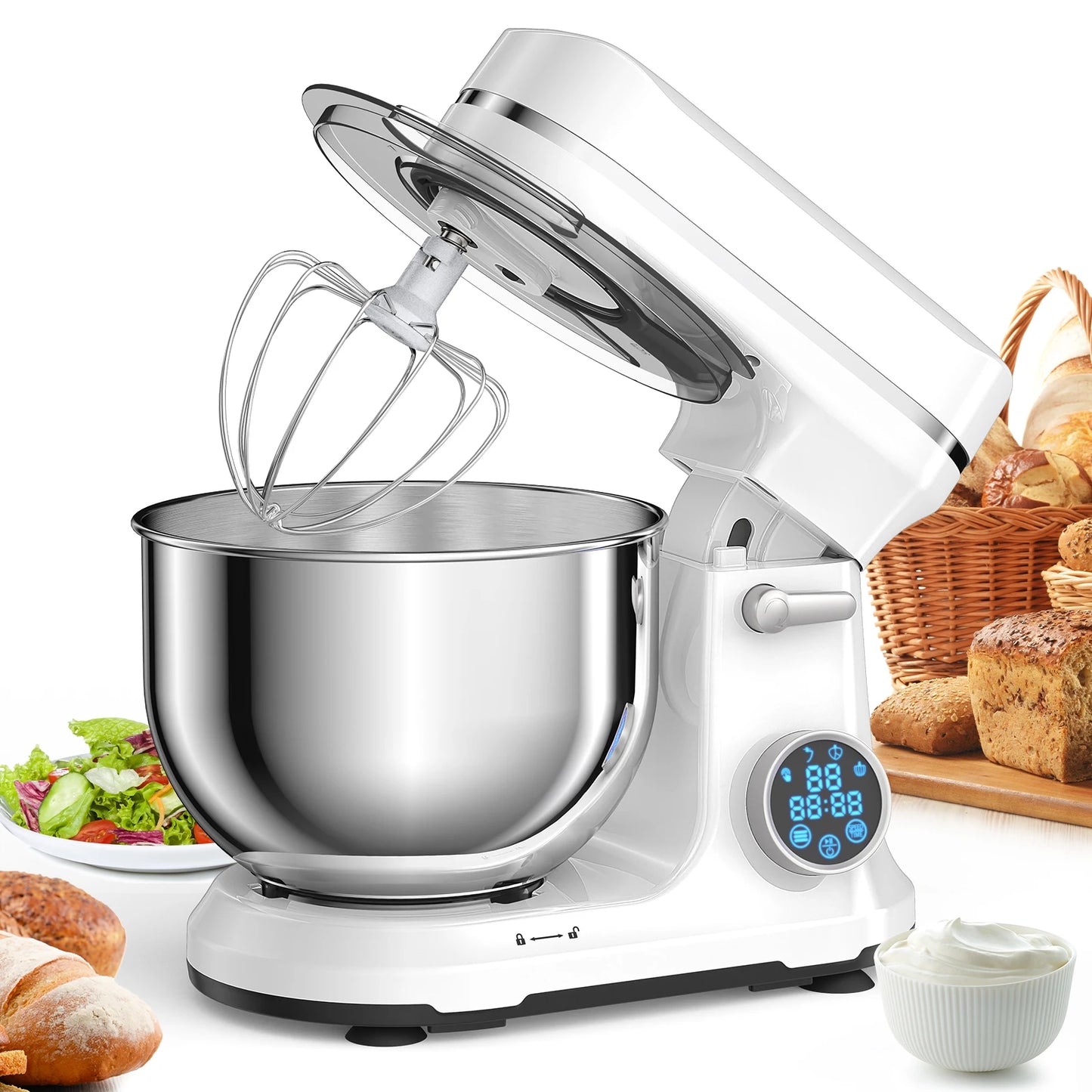 BioloMix Kitchen Food Stand Mixer, 1200W 11-Speeds DC Motor, Digital OLED Screen, Electric Food Mixer with Dough Hook, Whisk BM602E WHITE