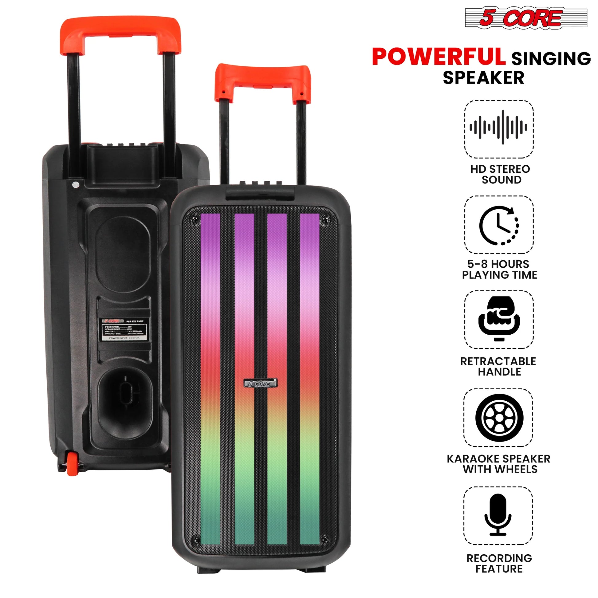 5Core Bluetooth Party Speaker 8 Inch PA RGB Partybox Karaoke Machine + 2 Wireless Mic