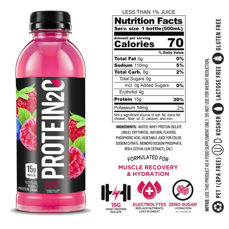 12 PK +Electrolytes, 15G Whey Protein Infused Water, Mixed Berry, 16.9 Fl Oz Bot