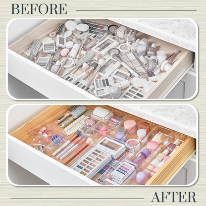 Simplesort 18-Piece Stackable Clear Drawer Organizer Set | Multi-Size Trays | Makeup Vanity Storage Bins and Office Desk Drawer Dividers | Made in USA