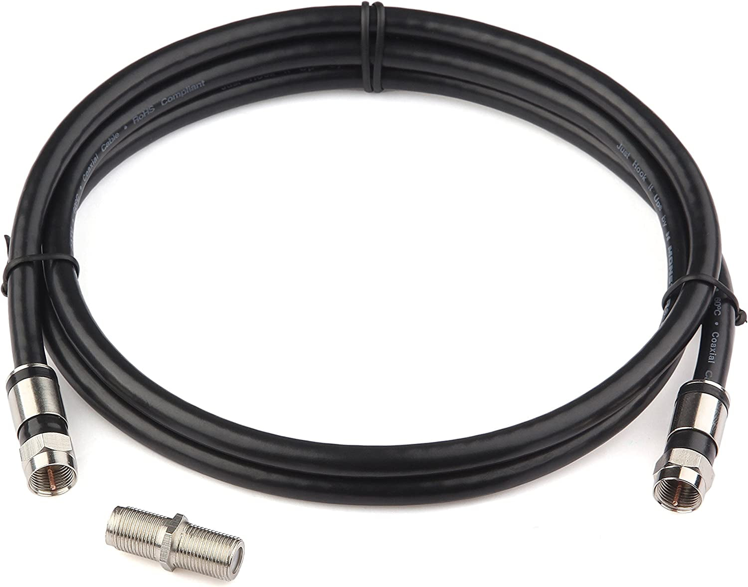 Coaxial Cable (4 Feet) with RG6 Coax Cable Connector (And F-Type Cable Extension Adapter) Black Coax Satellite TV 75 Ohm Cable