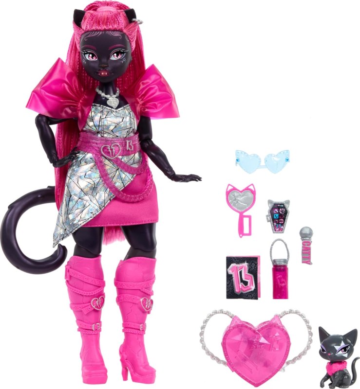 Catty Noir Doll, Werecat with Pet Cat Amulette & Accessories like Backpack, Musi