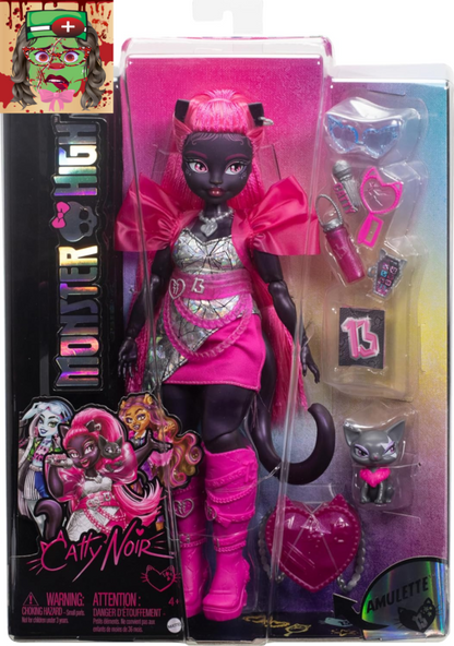 Catty Noir Doll, Werecat with Pet Cat Amulette & Accessories like Backpack, Musi