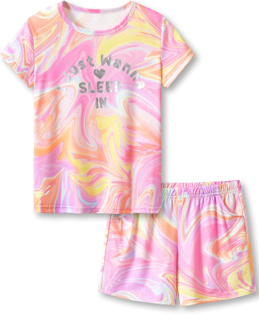 Tween Girls Clothes Trendy Tie Dye Spiral Pajamas 2-Piece Shirt & Shorts PJ Set