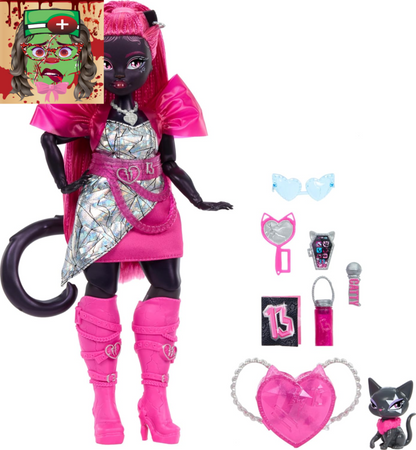 Catty Noir Doll, Werecat with Pet Cat Amulette & Accessories like Backpack, Musi