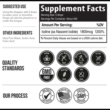 Nascent Iodine Supplement 400 Servings, Glass Bottle, Vegan, 1800 Mcg - 600 Mcg