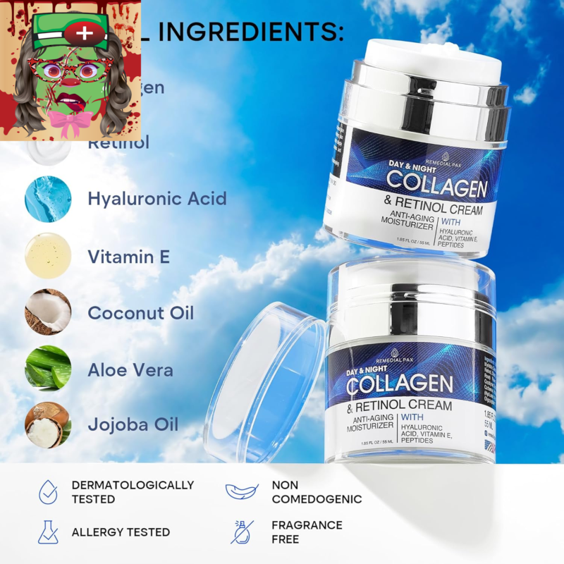 Collagen Cream for Face with Retinol and Hyaluronic Acid, Day and Night anti Agi