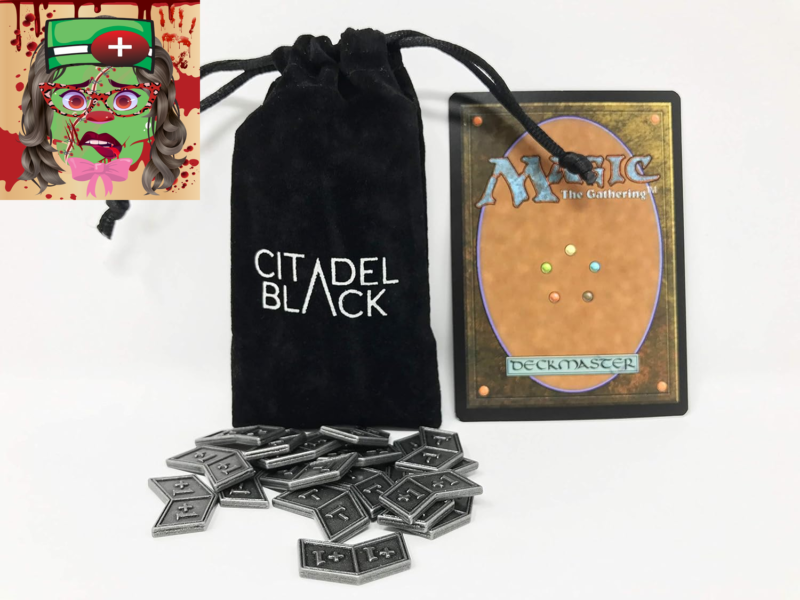 MTG Buff Counters +1/+1 and -1/-1 Set of 20 Metal Tokens - with Velvet Drawstrin