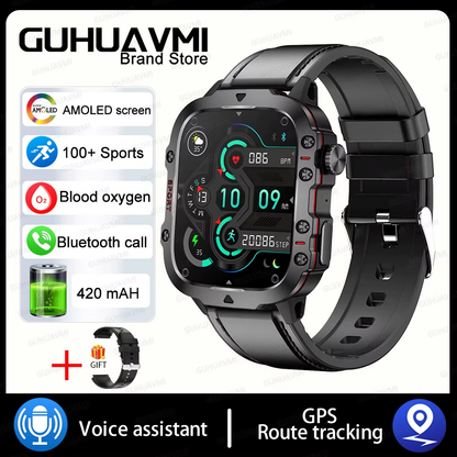 For Xiaomi Military GPS Tracker Smart Watch Men IP68 5ATM Outdoor Sports Fitness Tracker Health Monitor 1.96" BT Call Smartwatch 3Atm Waterproof, Black-Leather