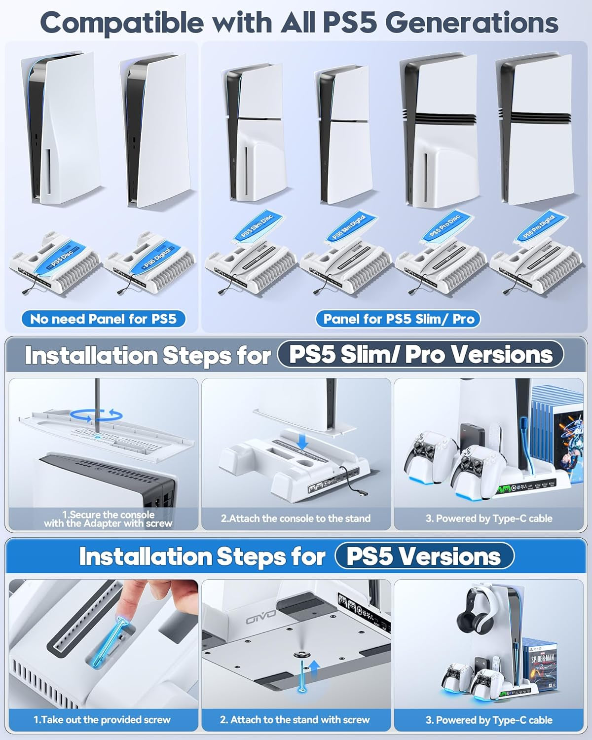 PS5 / PS5 Slim / PS5 Pro Stand and Cooling Station with LED Controller Charging Station for Playstation 5 Console, PS5 Controller Charger, PS5 / PS5 Slim / PS5 Pro Accessories with 3 Level Cooling Fan