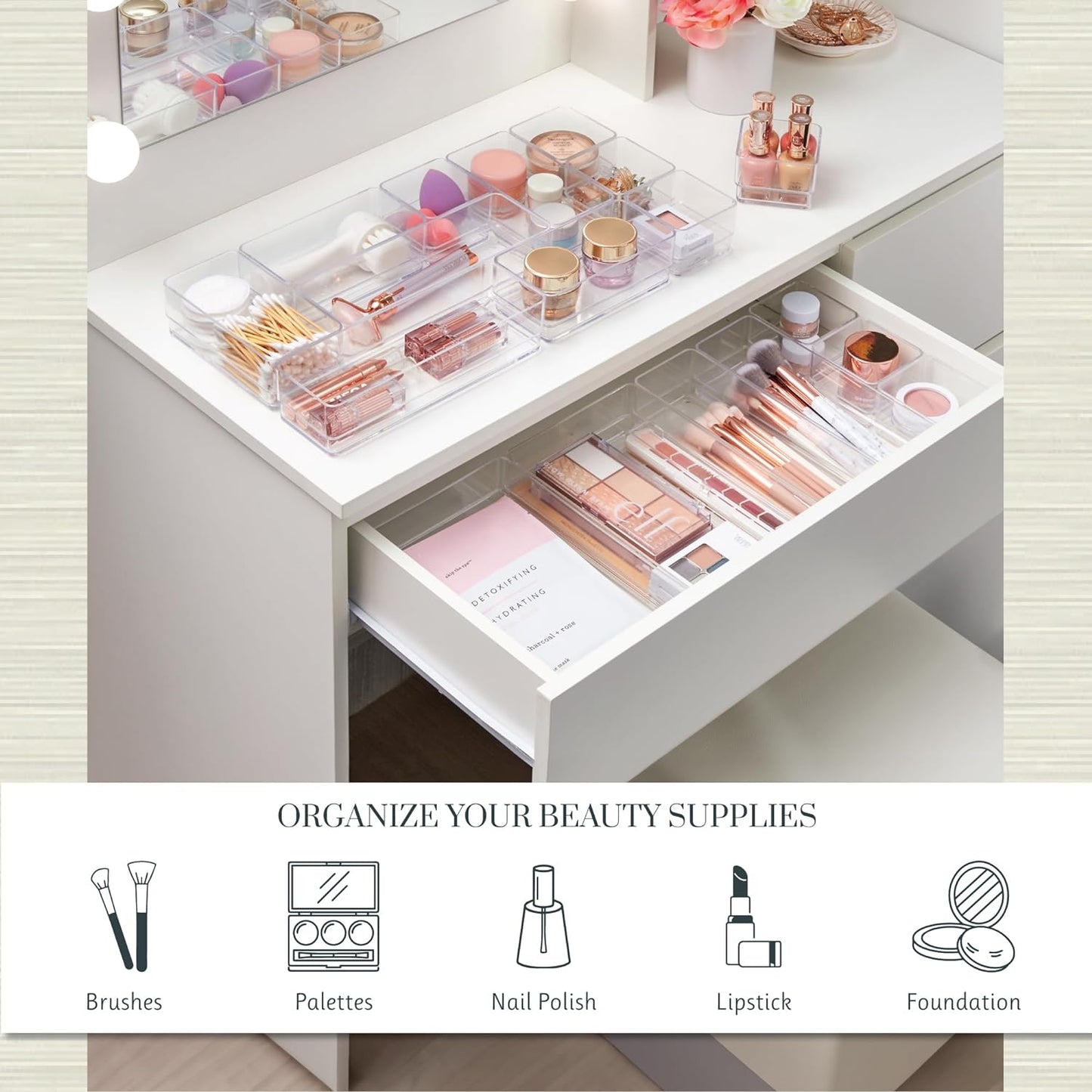 Simplesort 18-Piece Stackable Clear Drawer Organizer Set | Multi-Size Trays | Makeup Vanity Storage Bins and Office Desk Drawer Dividers | Made in USA