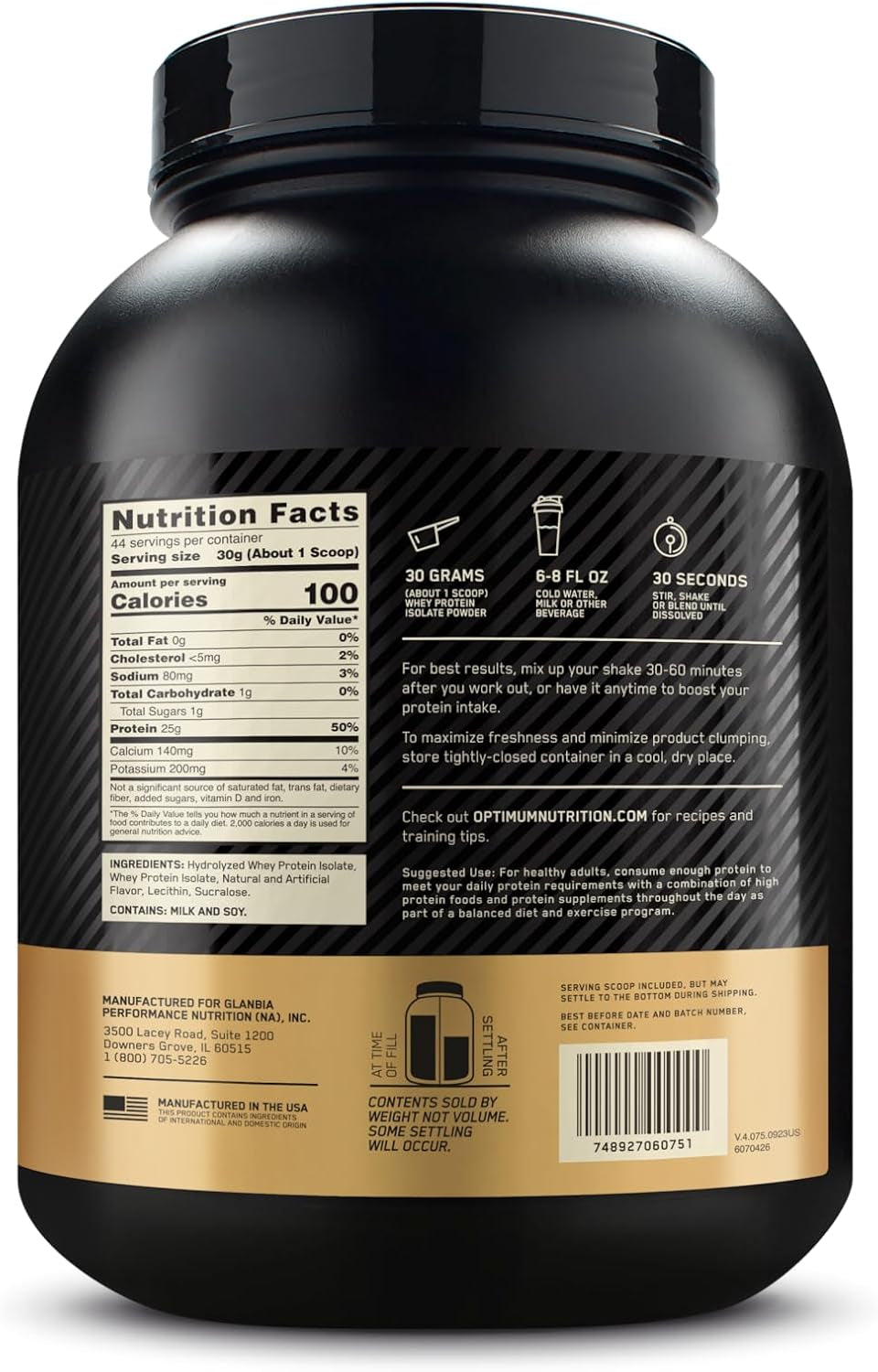 Gold Standard 100% Isolate, Rich Vanilla, 2.91 Pounds, 44 Servings (Packaging May Vary)