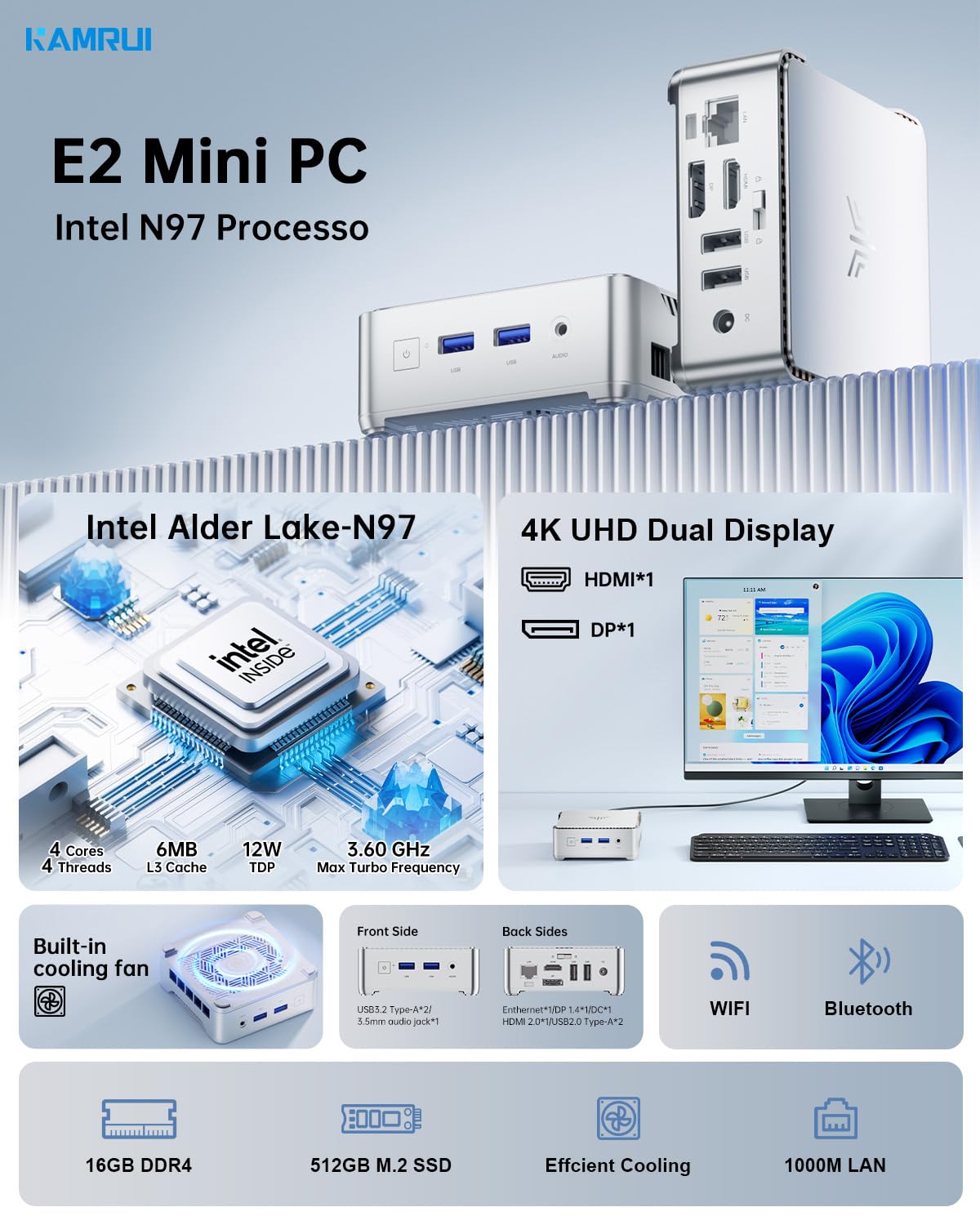 KAMRUI GK3Plus Mini PC, 16GB RAM 512GB M.2 SSD Mini Computers,12th Gen Alder Lake N95 (up to 3.4GHz) Micro PC, 2.5''SSD, Gigabit Ethernet,4K UHD,WiFi,BT,VESA/Home/Business Small pc