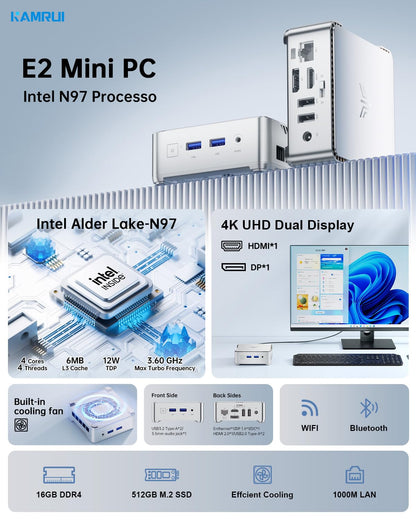 KAMRUI GK3Plus Mini PC, 16GB RAM 512GB M.2 SSD Mini Computers,12th Gen Alder Lake N95 (up to 3.4GHz) Micro PC, 2.5''SSD, Gigabit Ethernet,4K UHD,WiFi,BT,VESA/Home/Business Small pc