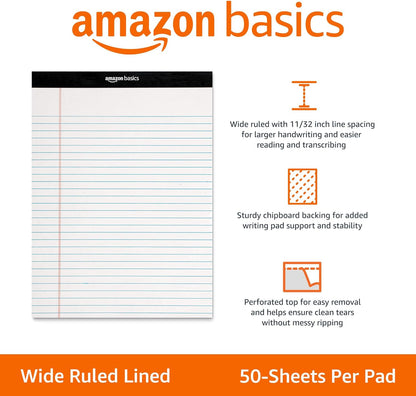 Wide Ruled Lined Writing Note Pads, 8.5 Inch X 11.75 Inch, White, 12 Count (12 Pack of 50)