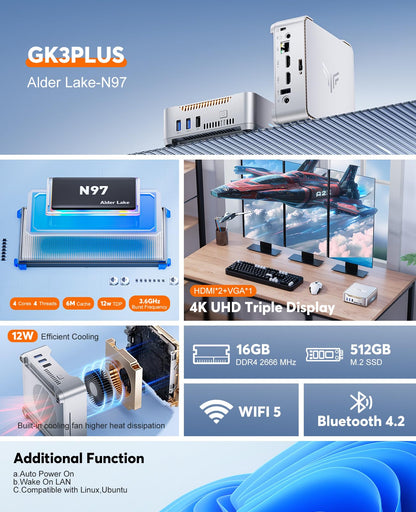 KAMRUI GK3Plus Mini PC, 16GB RAM 512GB M.2 SSD Mini Computers,12th Gen Alder Lake N95 (up to 3.4GHz) Micro PC, 2.5''SSD, Gigabit Ethernet,4K UHD,WiFi,BT,VESA/Home/Business Small pc
