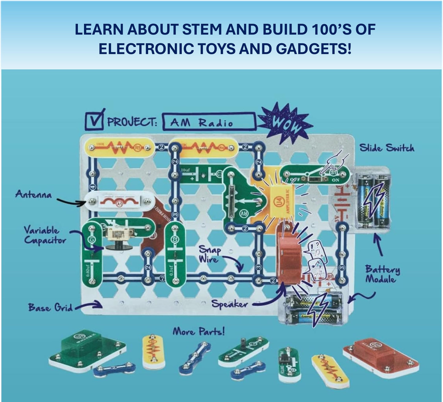 Snap Circuits Jr. SC-100 Electronics Exploration Kit, Over 100 Projects, Full Color Project Manual, 28 Parts, STEM Educational Toy for Kids 8 +