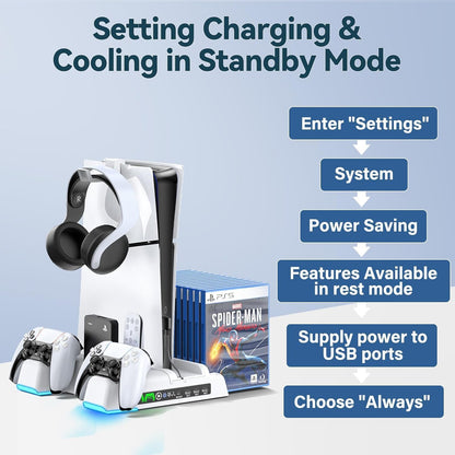 PS5 / PS5 Slim / PS5 Pro Stand and Cooling Station with LED Controller Charging Station for Playstation 5 Console, PS5 Controller Charger, PS5 / PS5 Slim / PS5 Pro Accessories with 3 Level Cooling Fan