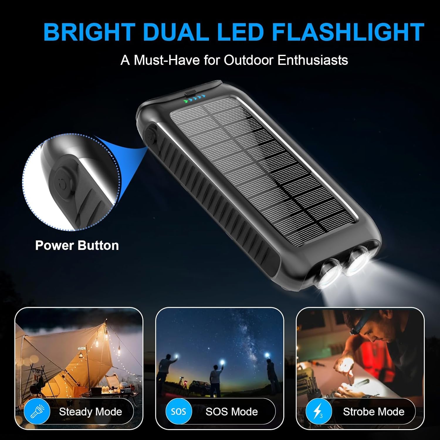 Solar-Charger-Power-Bank-49800Mah Portable Solar Phone Charger with LED Flashlight/15W Fast Charge USB C Waterproof External Backup Battery Pack for All Cell Phones & Electronic Devices