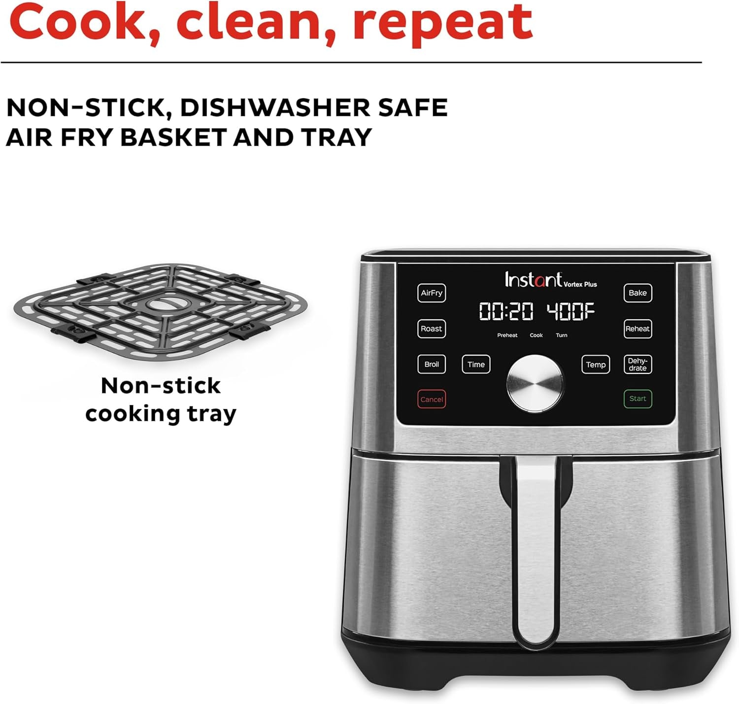 Vortex plus 6QT XL Air Fryer, 6-In-1, Broils, Dehydrates, Crisps, Roasts, Reheats, Bakes for Quick Easy Meals, 100+ In-App Recipes, Dishwasher-Safe, from the Makers of , Black