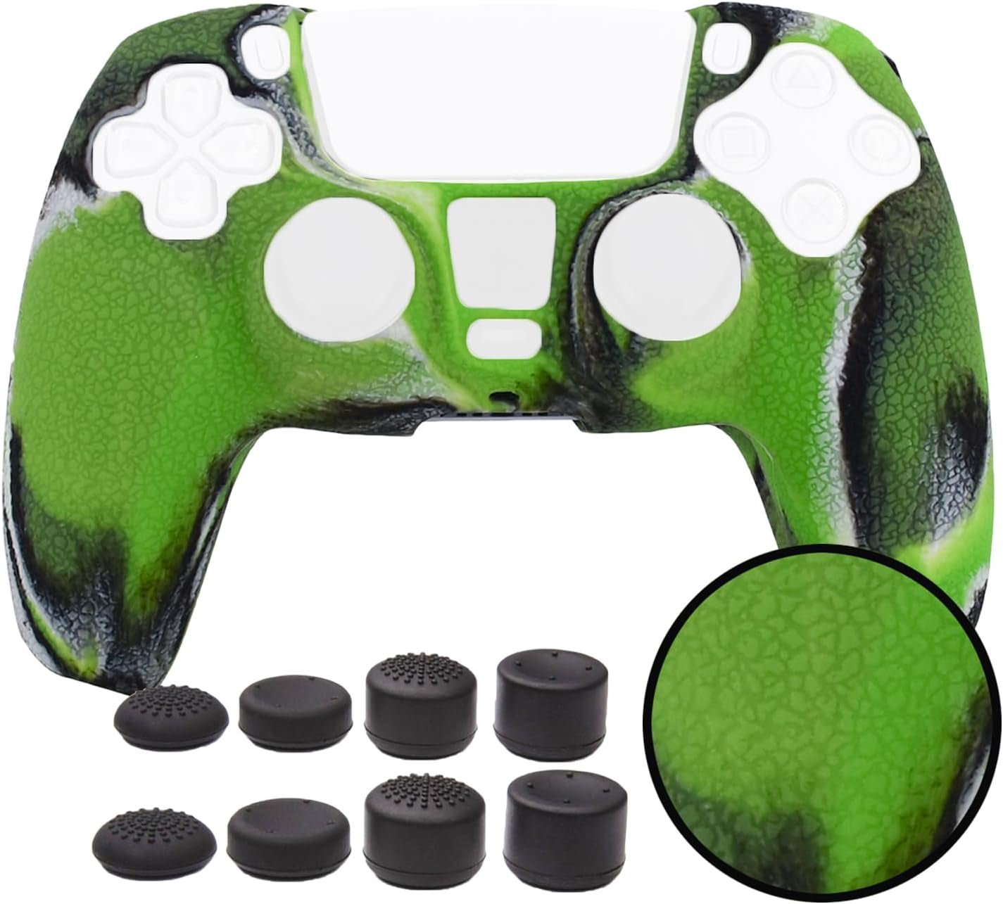 Skin for PS5 Controller Grips, Texture Pattern Cover for PS5 5 Controller Sweat-Proof Anti-Slip Silicone Cover Hand Grip with 8Pcs FPS Pro Thumbsticks Cap Protector(Camouflage Green)