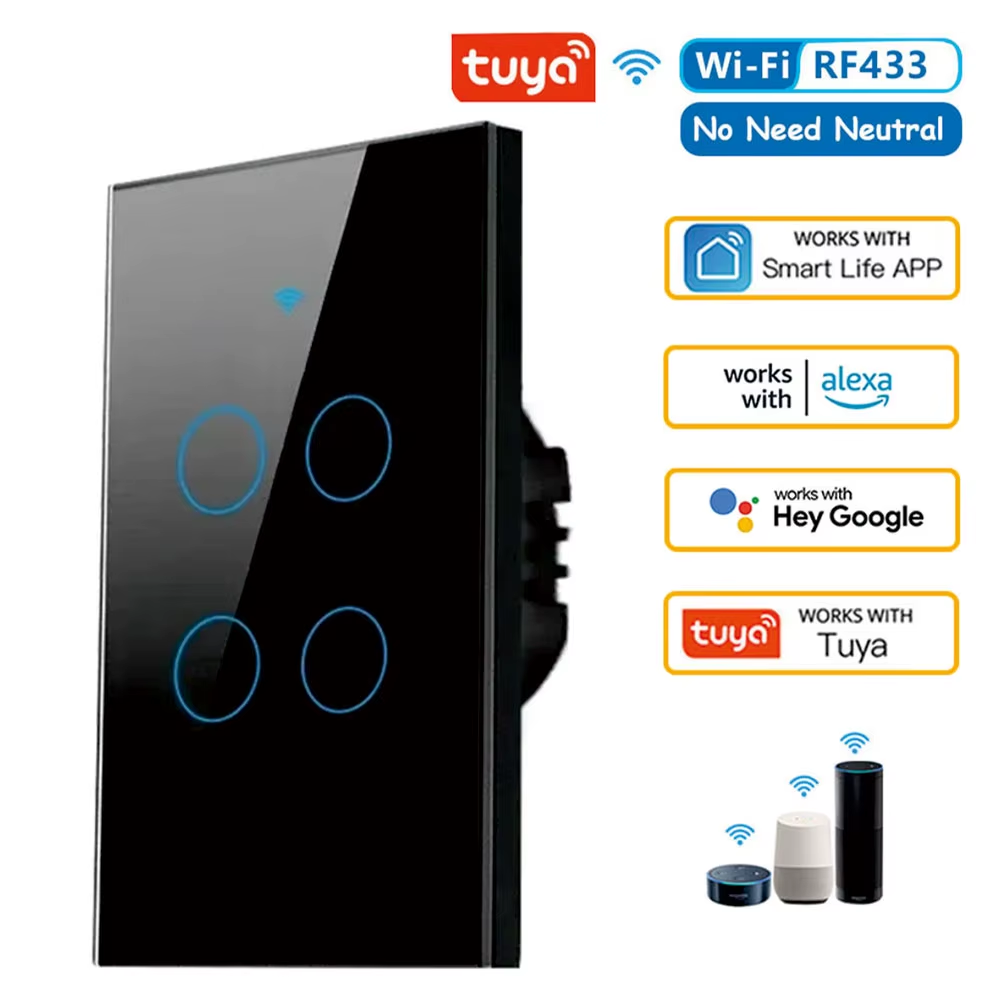 Tuya US Wifi Smart Wall Switch RF433 1/2/3/4 Gang No Neutral Wire Touch Sensor LED Light Switches Smart Home Alexa Google Home Black 4 Gang