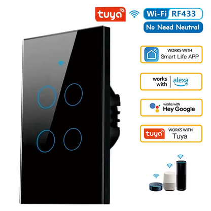 Tuya US Wifi Smart Wall Switch RF433 1/2/3/4 Gang No Neutral Wire Touch Sensor LED Light Switches Smart Home Alexa Google Home