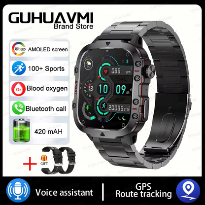 For Xiaomi Military GPS Tracker Smart Watch Men IP68 5ATM Outdoor Sports Fitness Tracker Health Monitor 1.96" BT Call Smartwatch 3Atm Waterproof, Black-Steel-2A