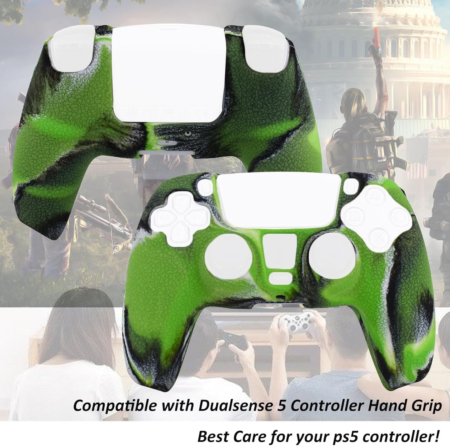 Skin for PS5 Controller Grips, Texture Pattern Cover for PS5 5 Controller Sweat-Proof Anti-Slip Silicone Cover Hand Grip with 8Pcs FPS Pro Thumbsticks Cap Protector(Camouflage Green)