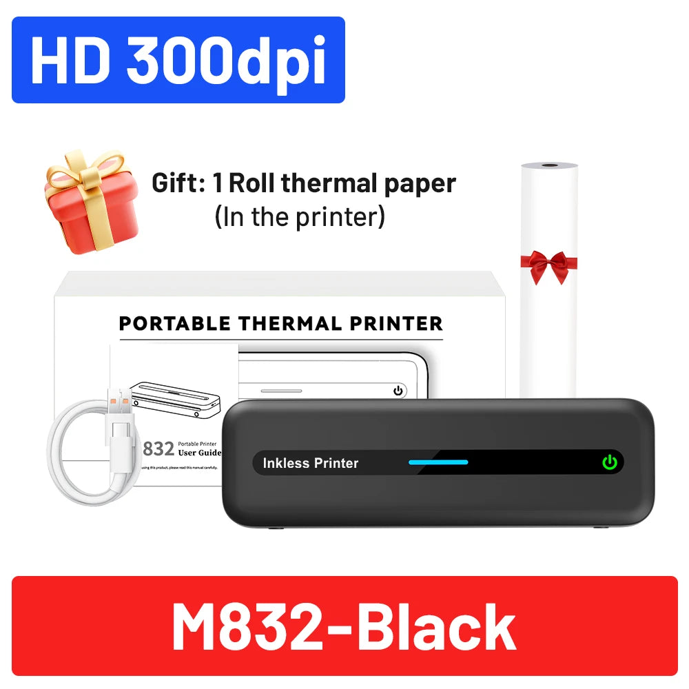 Portable Printer Wireless for Travel 300DPI Thermal Inkless Bluetooth Mobile Printer Compatible with Android Ios Phone & Laptops