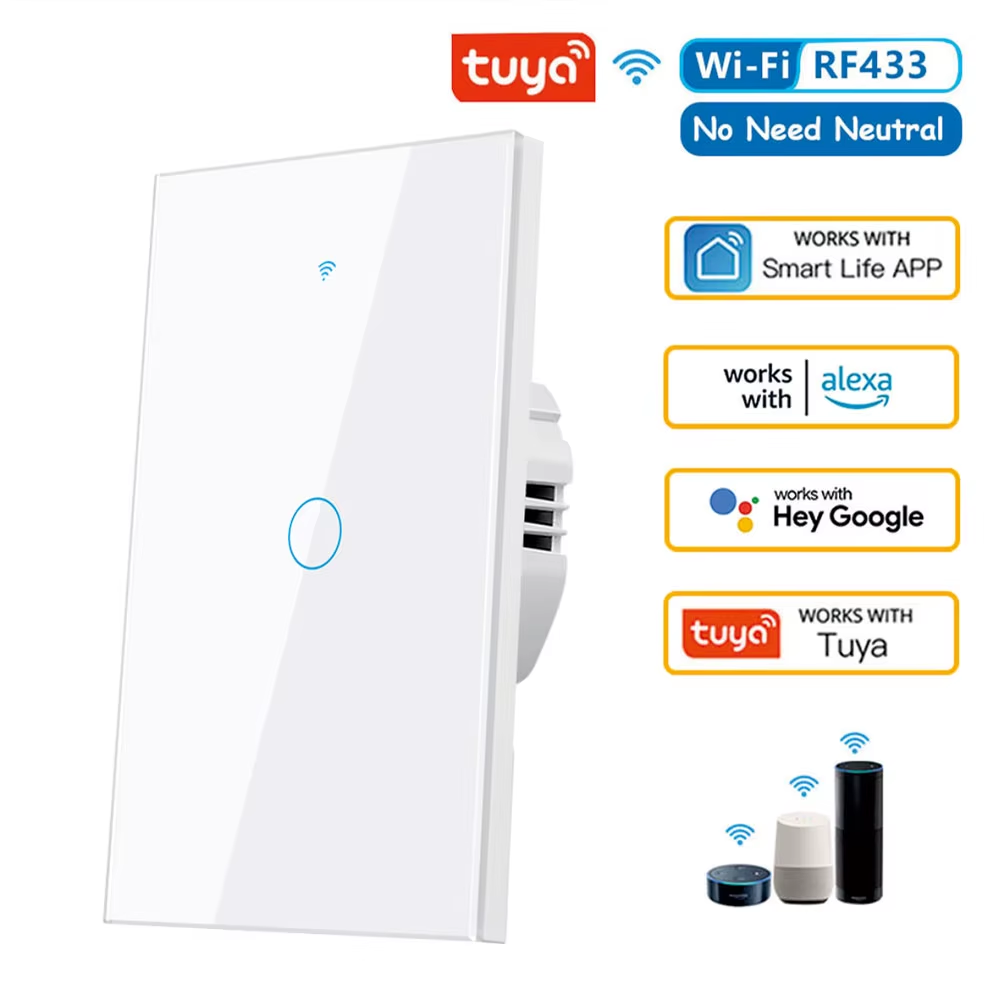 Tuya US Wifi Smart Wall Switch RF433 1/2/3/4 Gang No Neutral Wire Touch Sensor LED Light Switches Smart Home Alexa Google Home White 1 Gang