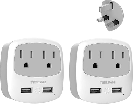 US to UK Plug Adapter, Type G Travel Adaptor with 2 USB 2 Electrical Outlets, UK Power Adapter for USA to Ireland England London Scotland British Dubai Kenya Hong Kong Qatar, 2-Pack