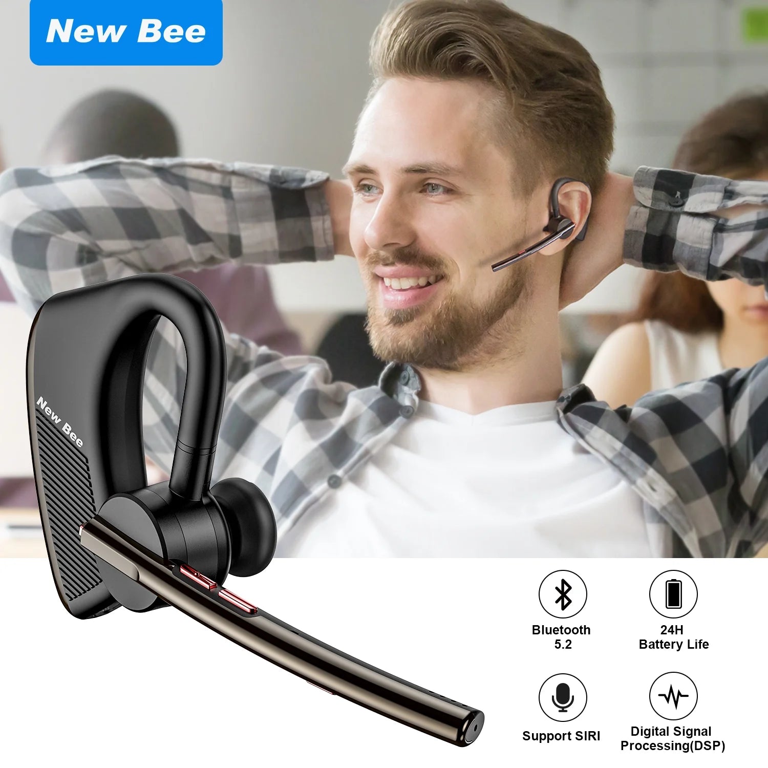 (2 Pack)  Bluetooth Headset M50 Wireless Noise Cancelling Earpiece for Cell Phone