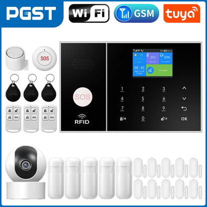PGST Smart Life Alarm System for Home WIFI GSM Security Alarm Host with Door and Motion Sensor Tuya Smart App control work Alexa Y, Eu plug