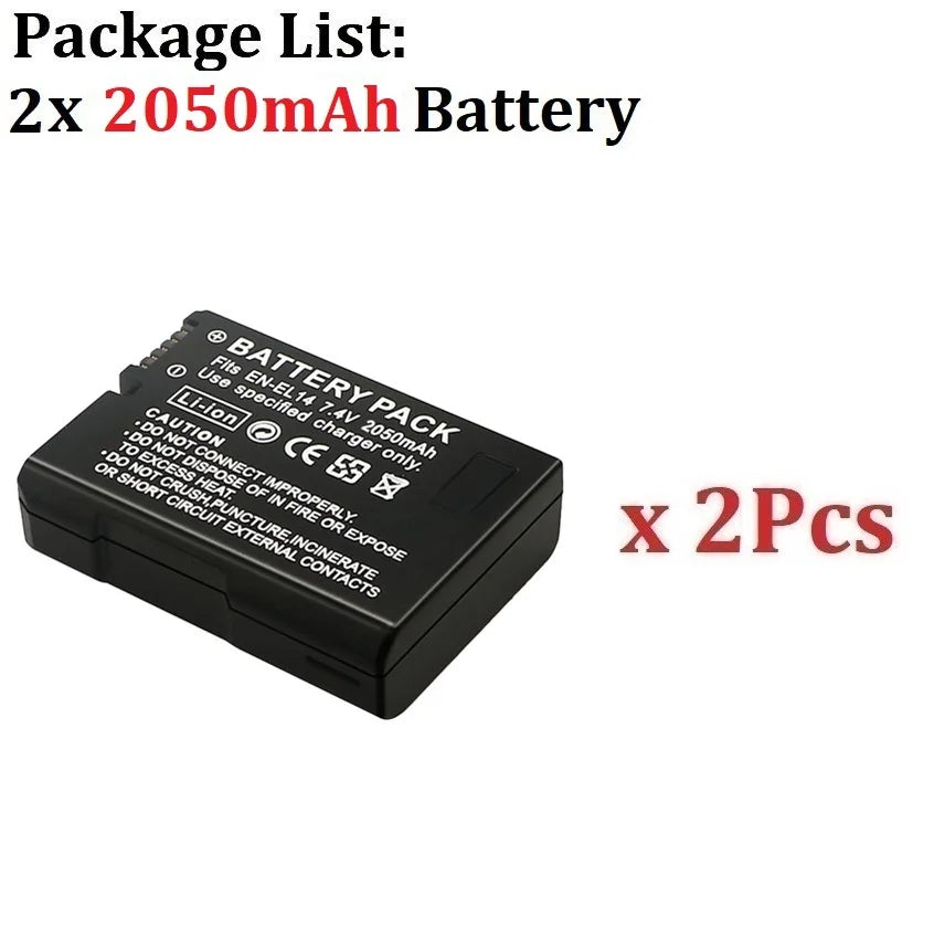 2050mah EN-EL14a EL14 CAMERA BATTERY EN-EL14 For Nikon P7000 P7100 P7800 P7700 D3100 D3200 D3300 D3400 D3500 D5600 D5100 D5300 2Pcs Battery