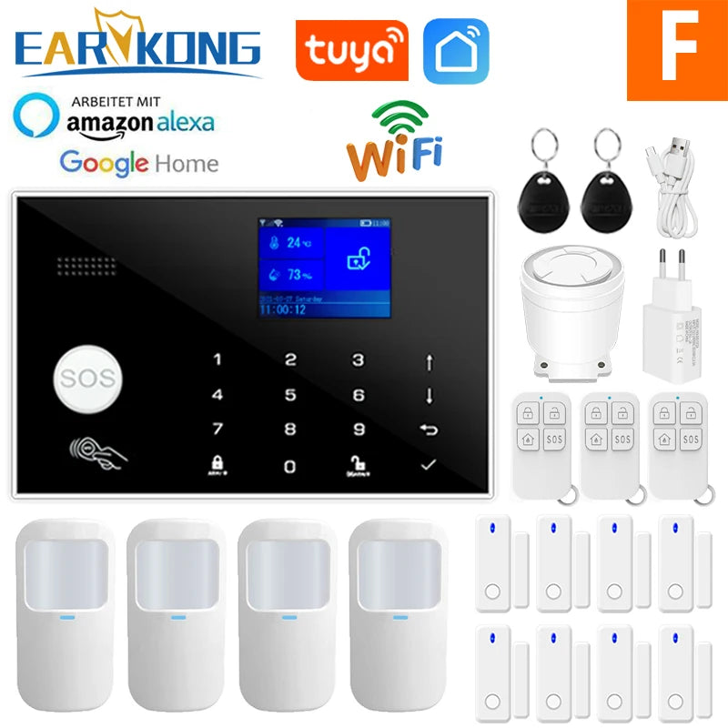 Wifi GSM Alarm System Home Wireless Security Burglar Alarm Kit Door Open Motion Sensor Smart Life Tuya App Control Suit Alexa Option F