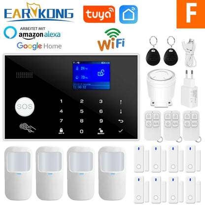Wifi GSM Alarm System Home Wireless Security Burglar Alarm Kit Door Open Motion Sensor Smart Life Tuya App Control Suit Alexa Option F