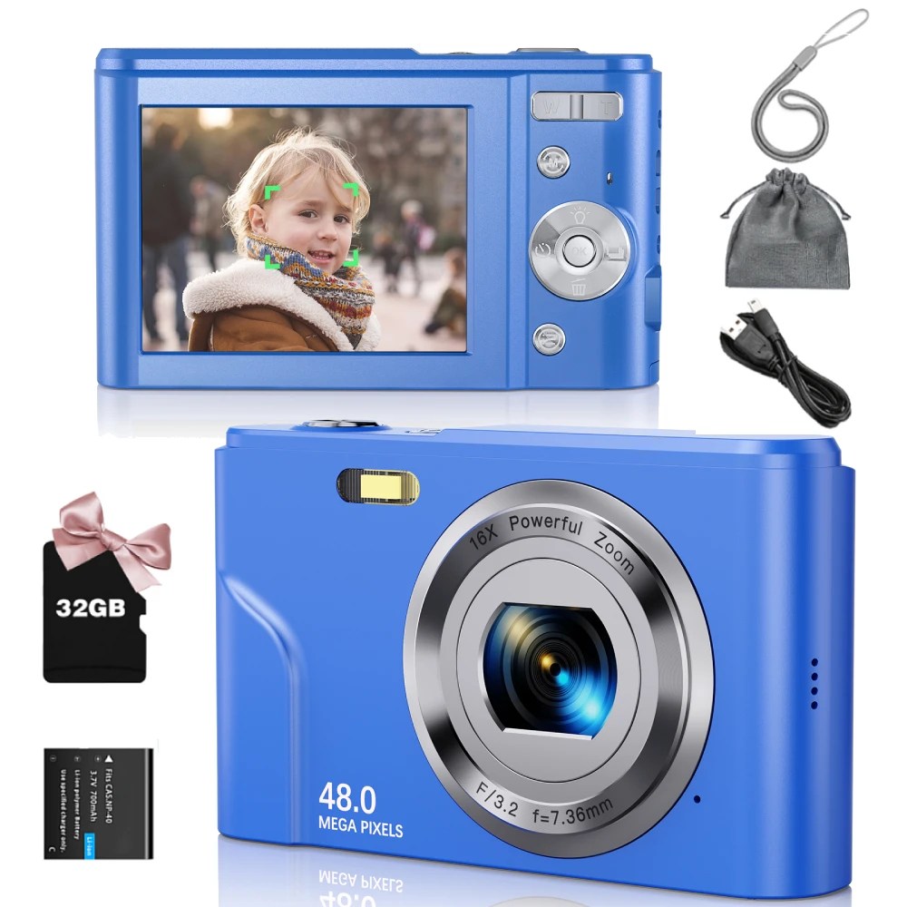 Digital Camera 1080P 48MP Autofocus Digital Camera for Beginners Video Camera with 32GB Memory Card 16X Digital Zoom Compact Cam Dark Blue