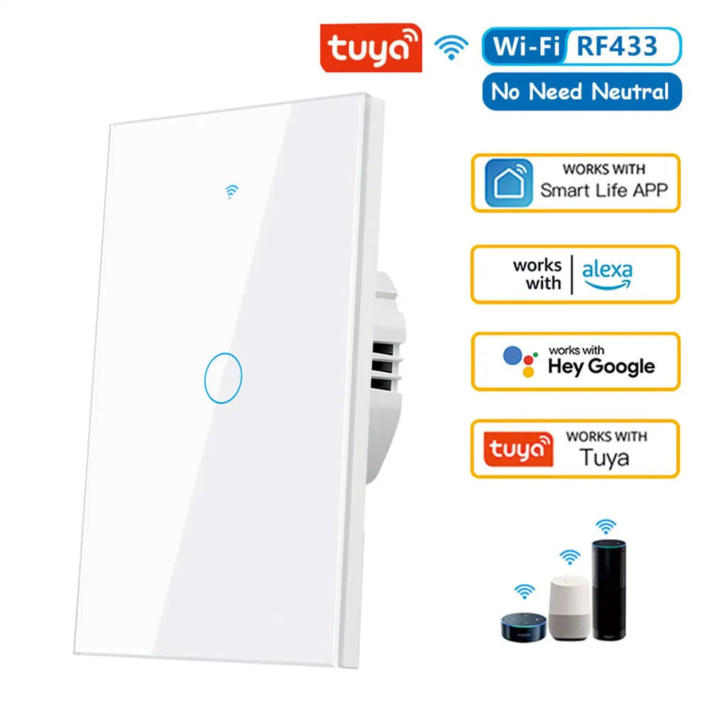 Tuya US WiFi Smart Wall Switch RF433 1/2/3/4 Gang No Neutral Wire Touch Sensor LED Light Switches Smart Home Alexa Google Home White 1 Gang